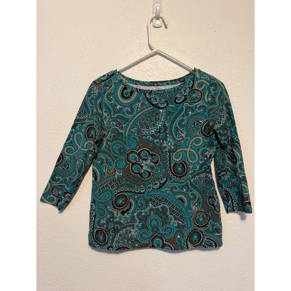 Talbots Petites Teal Paisley 3/4 Sleeve Boat Neck Top Cotton Spandex Small P
